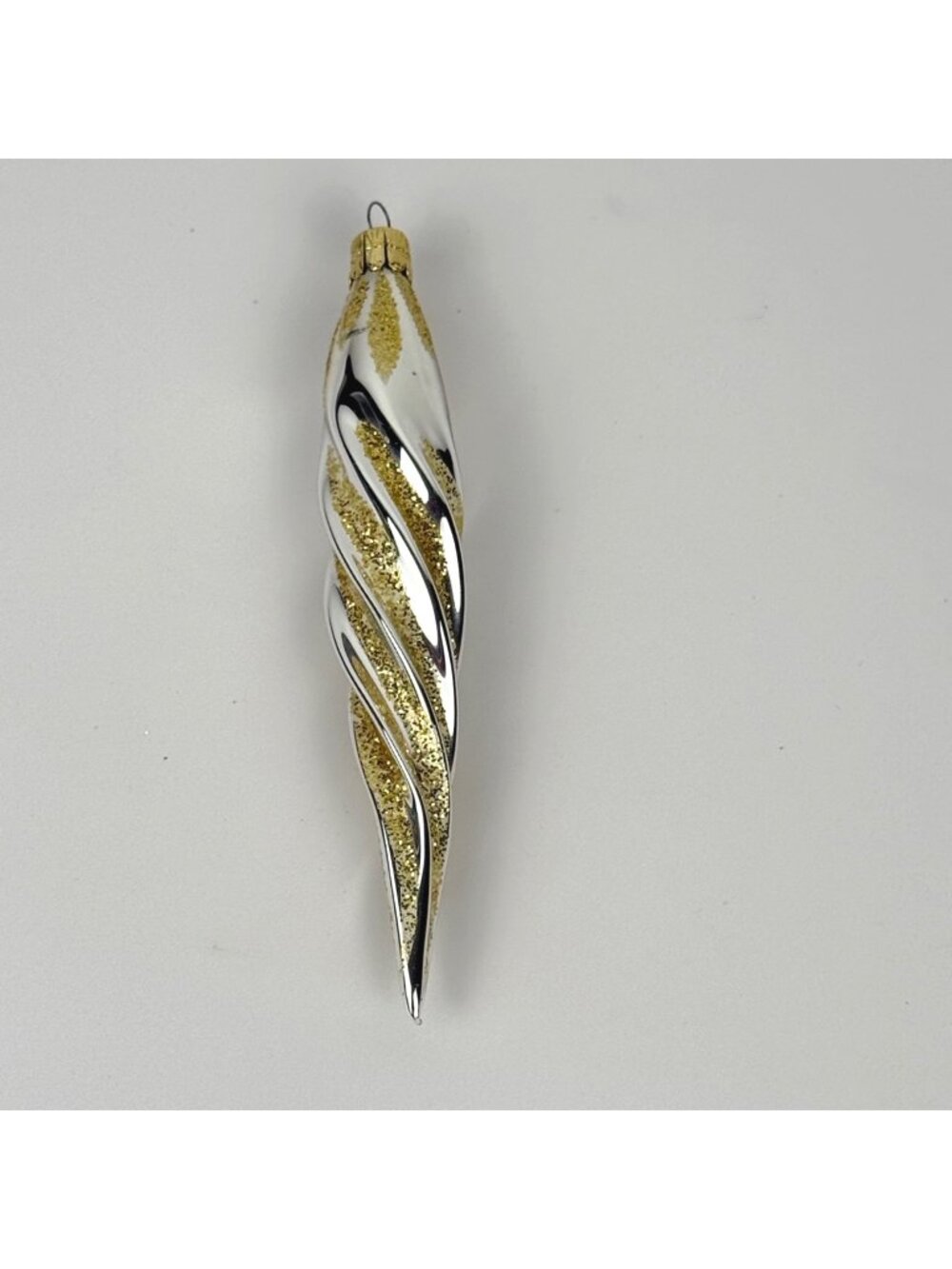 Vintage Czech Republic Twisted Icicle Ornament Silver Glass Gold Glitter 5-1/2"